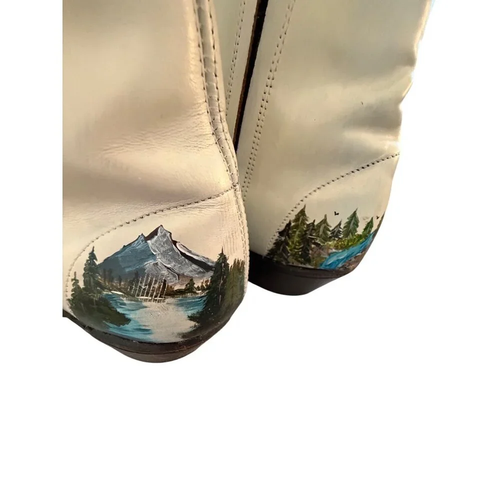 Sears Vintage Mens Hand Painted Coyote Boots Size 8 D Cream Leather Western OOAK